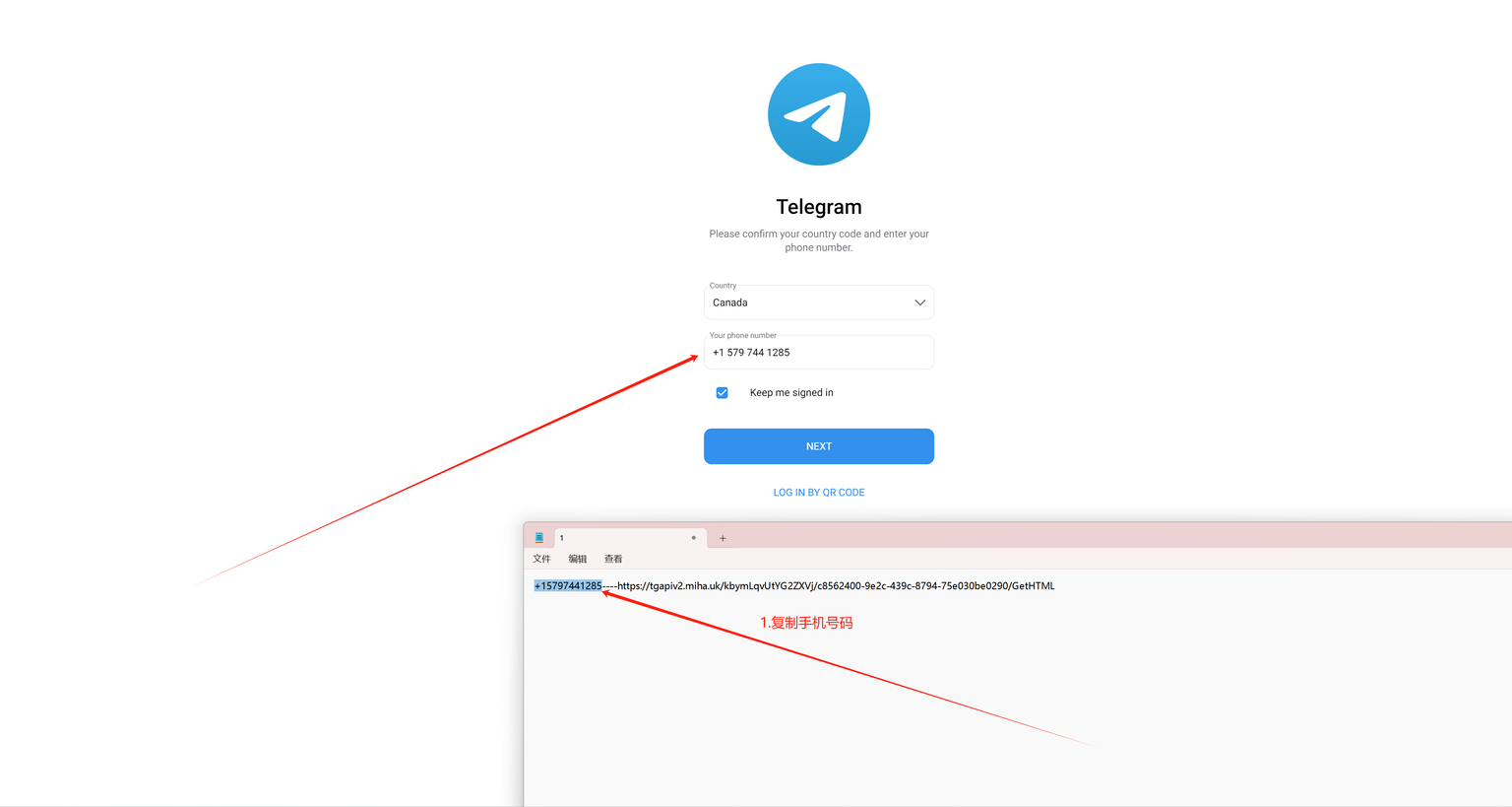 Telegram 网页版输入手机号
